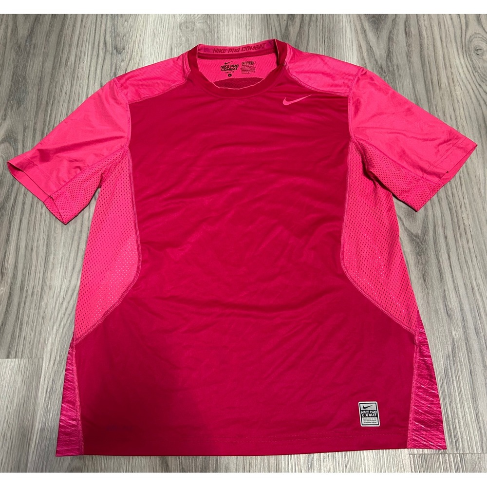 Nike Womens Pro Combat Dri-FIT Fitted Mesh Training Shirt Large Pink Textured